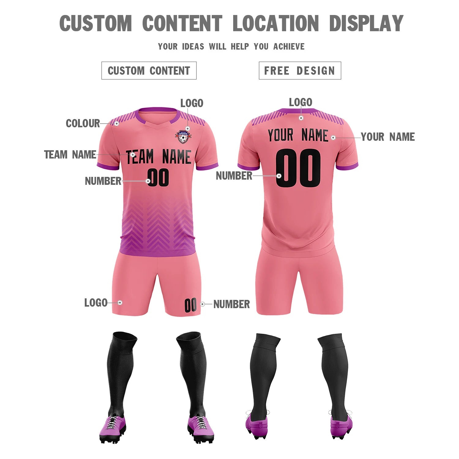 Custom Light Pink Purple Printing Sportswear Soccer Sets Jersey
