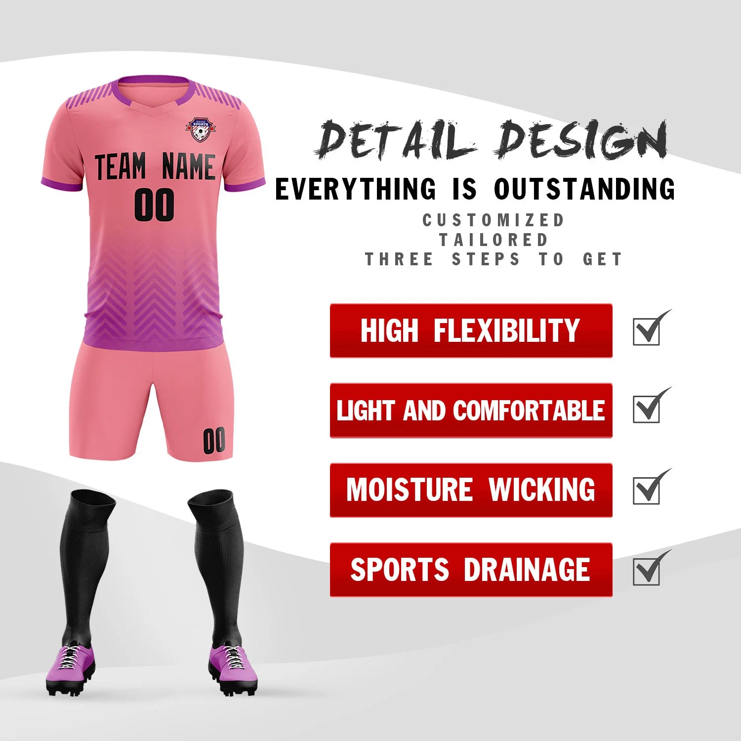 Custom Light Pink Purple Printing Sportswear Soccer Sets Jersey