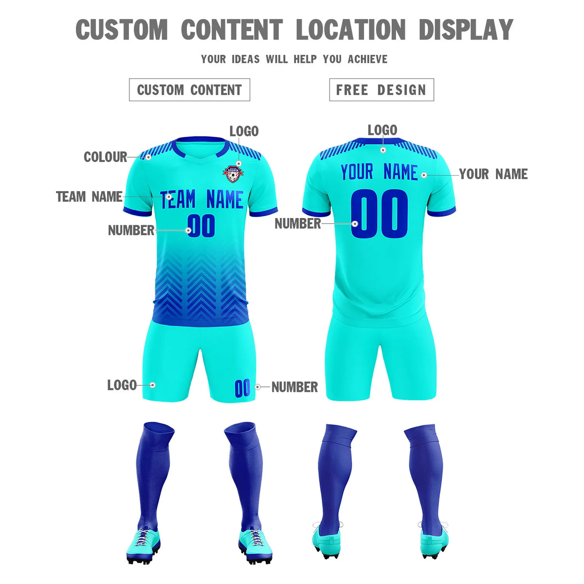 Custom Bright Green Royal Blue Printing Sportswear Soccer Sets Jersey