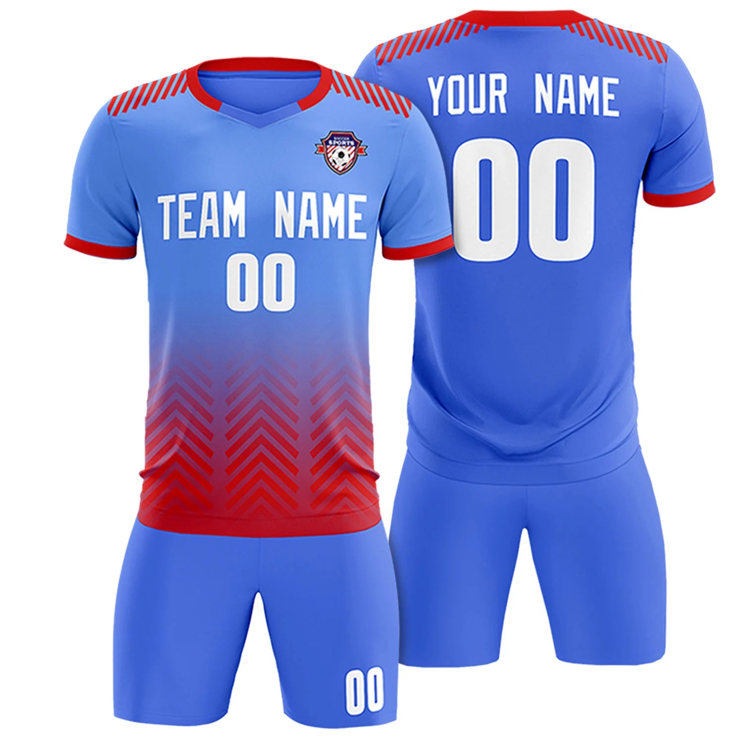 Custom Light Blue Red Printing Sportswear Soccer Sets Jersey