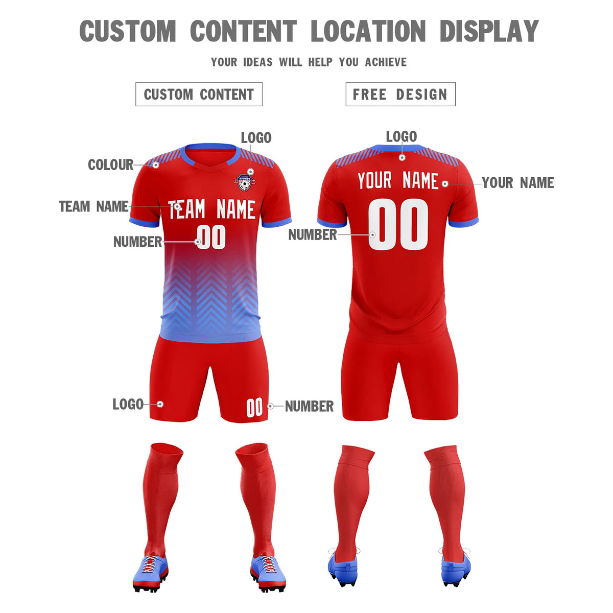 Custom Red Light Blue Printing Sportswear Soccer Sets Jersey