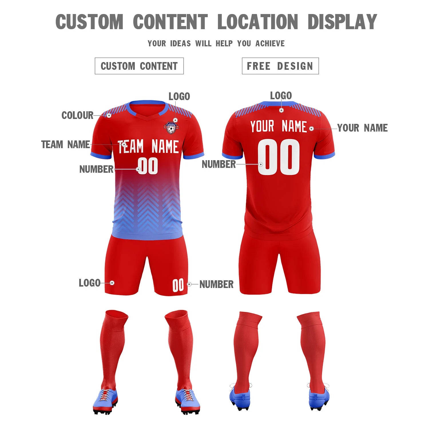 Custom Red Light Blue Printing Sportswear Soccer Sets Jersey
