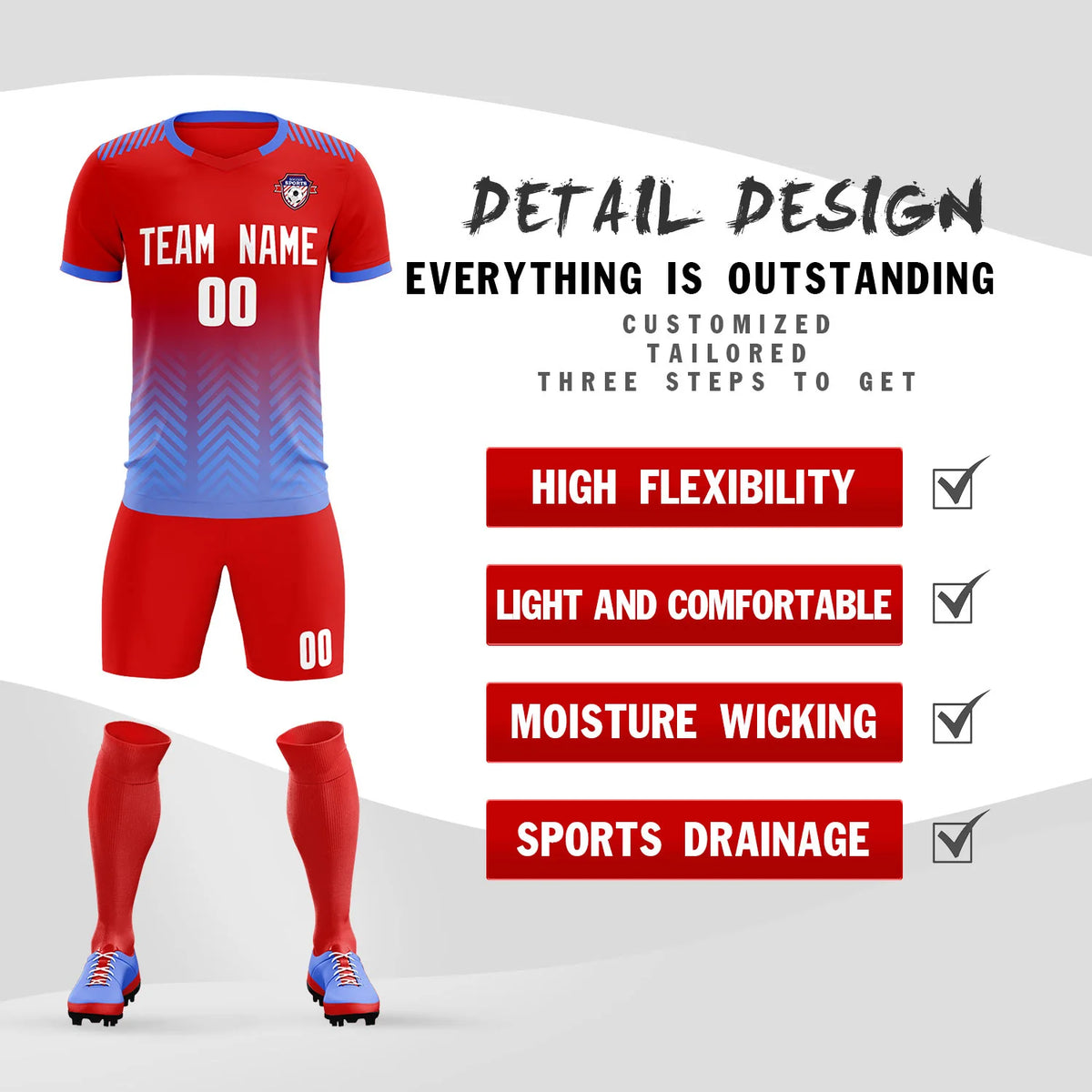 Custom Red Light Blue Printing Sportswear Soccer Sets Jersey