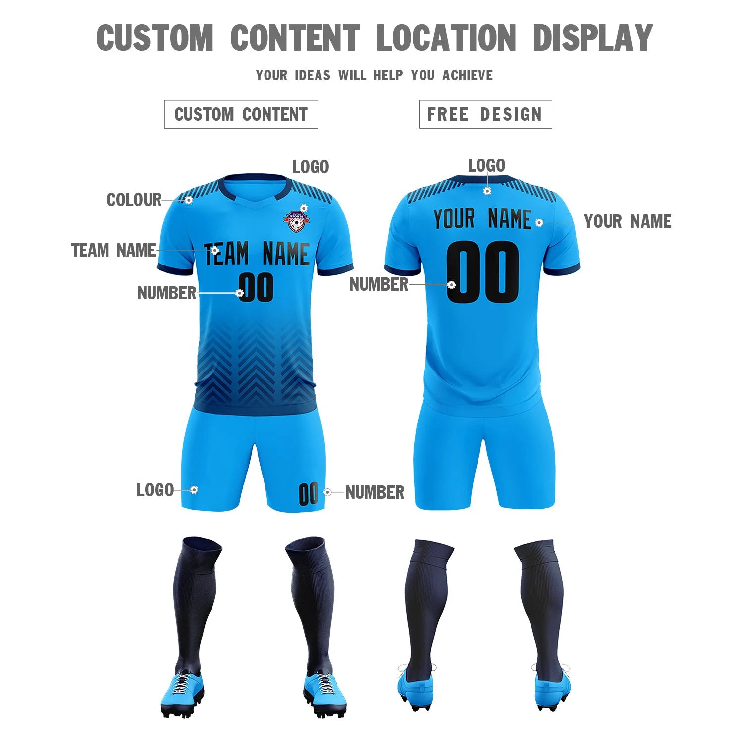 Custom Powder Blue Navy Printing Sportswear Soccer Sets Jersey