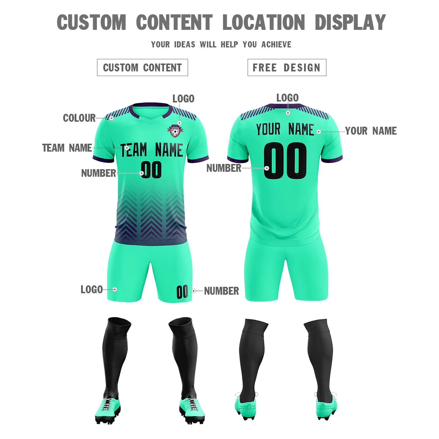 Custom Bright Green Purple Printing Sportswear Soccer Sets Jersey