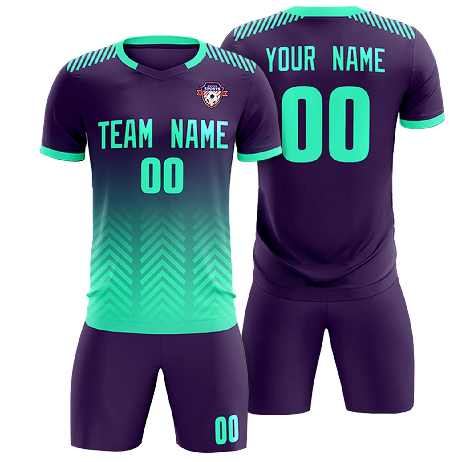 Custom Purple Bright Green Printing Sportswear Soccer Sets Jersey