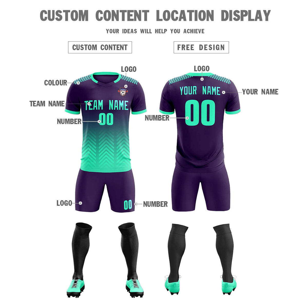 Custom Purple Bright Green Printing Sportswear Soccer Sets Jersey