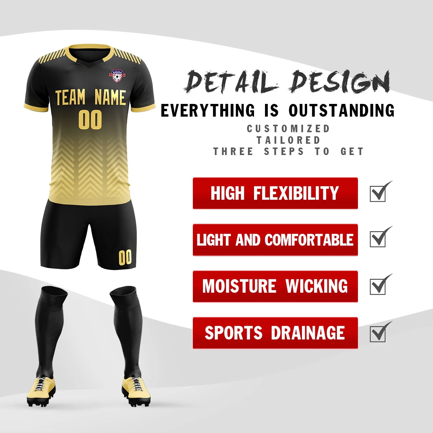 Custom Black Khaki Printing Sportswear Soccer Sets Jersey