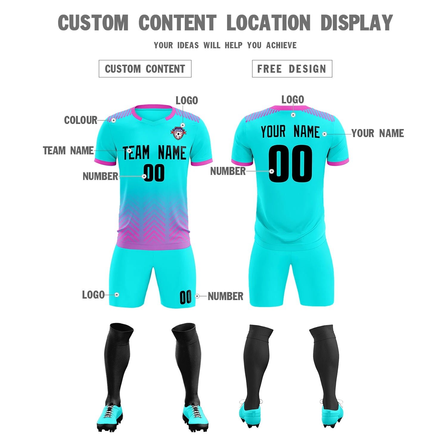Custom Sky Blue Pink Printing Sportswear Soccer Sets Jersey
