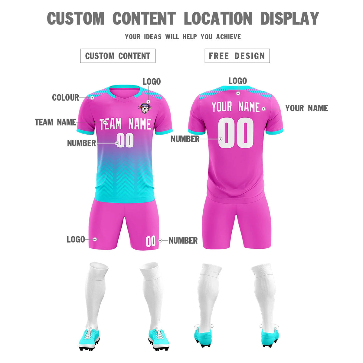 Custom Pink Sky Blue Printing Sportswear Soccer Sets Jersey