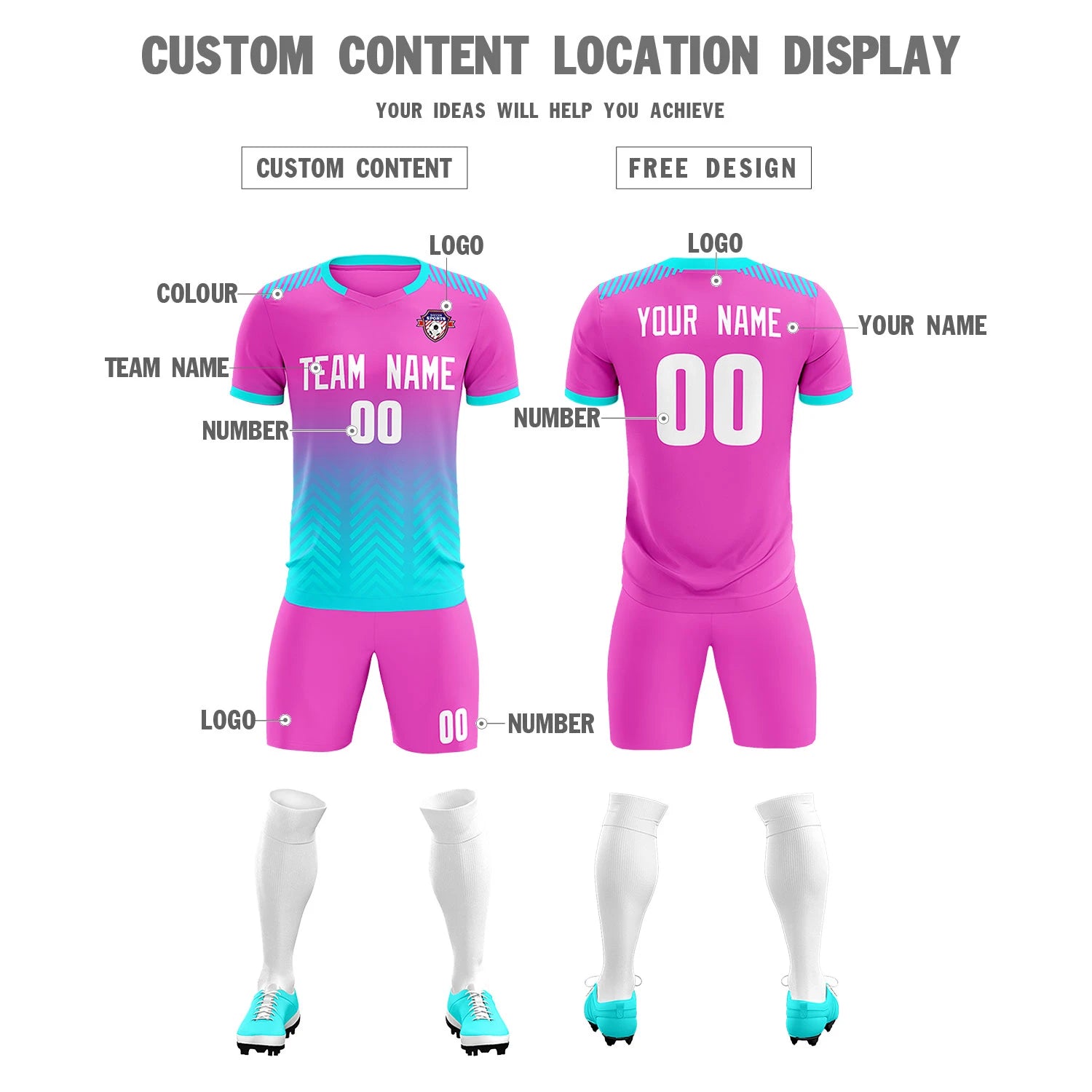 Custom Pink Sky Blue Printing Sportswear Soccer Sets Jersey