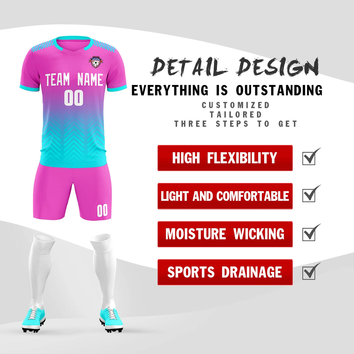Custom Pink Sky Blue Printing Sportswear Soccer Sets Jersey