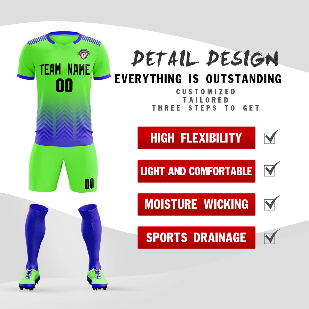 Custom Neon Green Royal Blue Printing Sportswear Soccer Sets Jersey