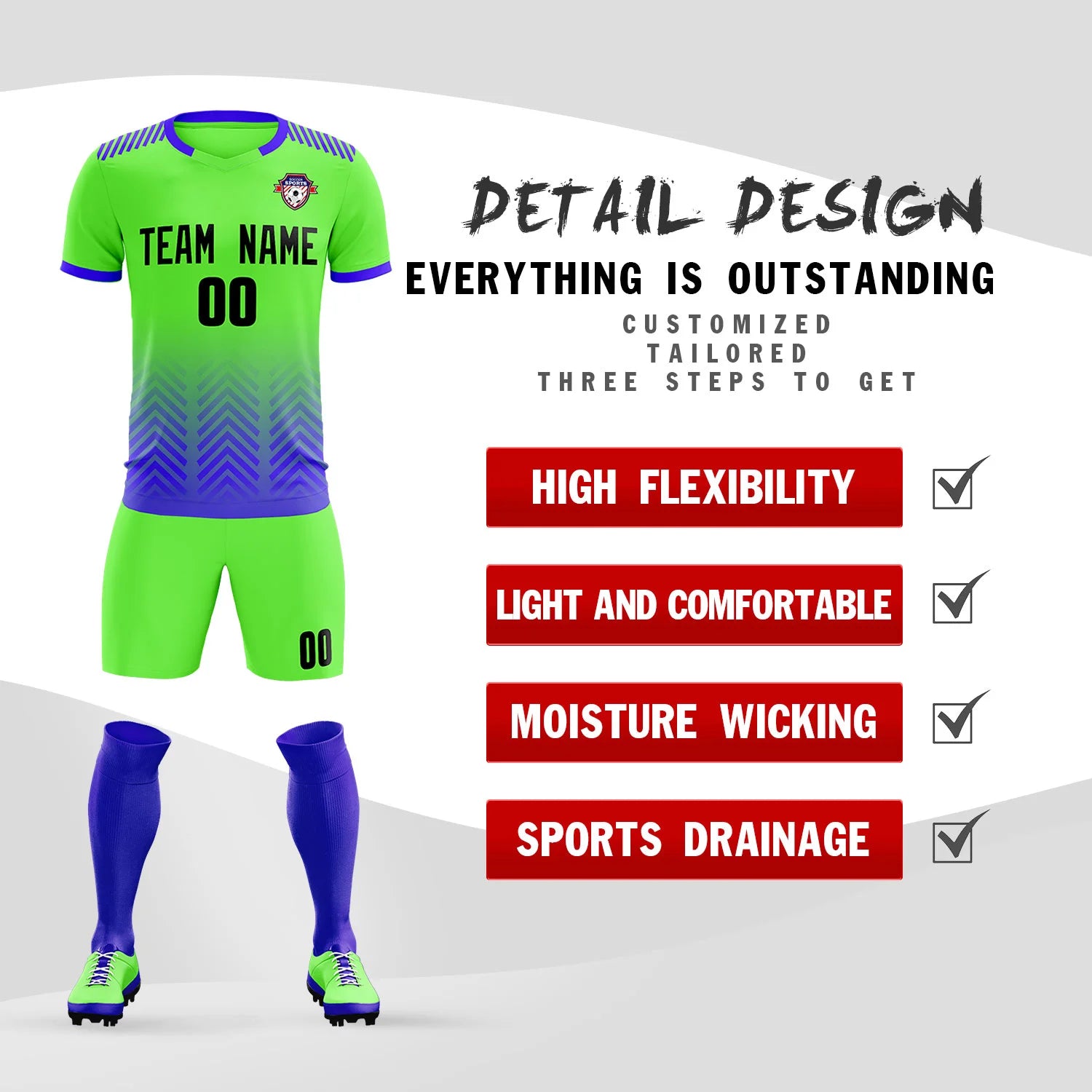 Custom Neon Green Royal Blue Printing Sportswear Soccer Sets Jersey
