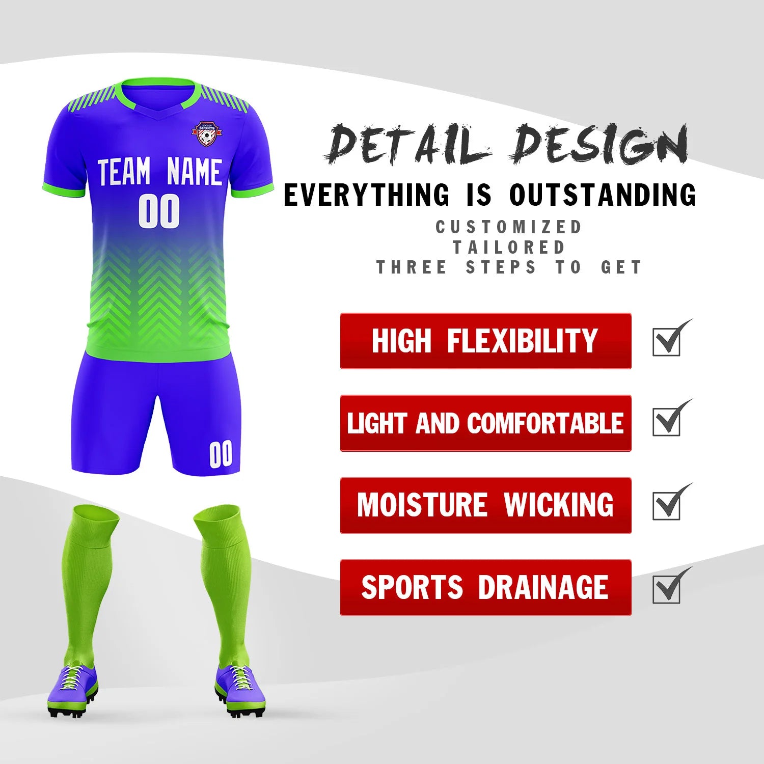 Custom Royal Blue Neon Green Printing Sportswear Soccer Sets Jersey