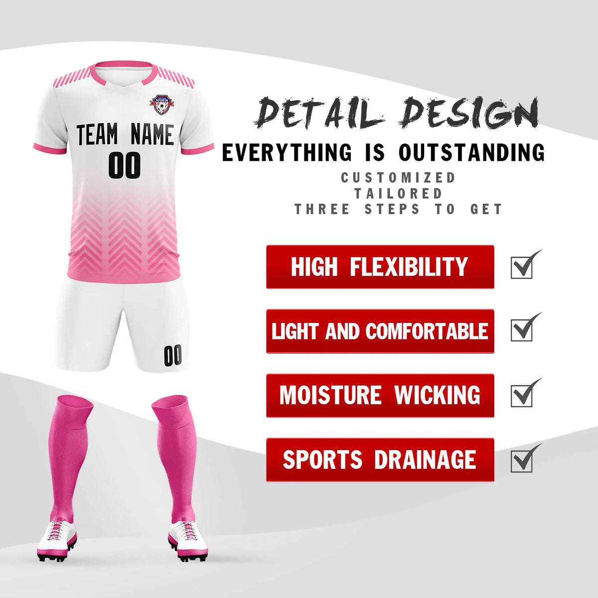 Custom White Pink Printing Sportswear Soccer Sets Jersey