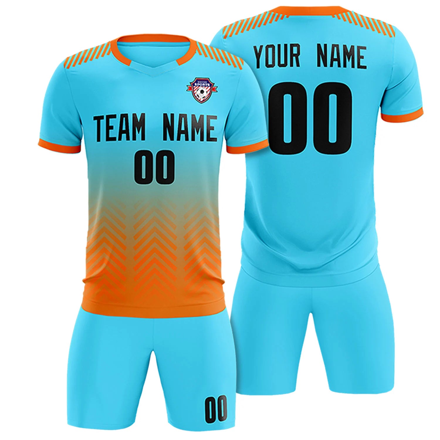 Custom Sky Blue Orange Printing Sportswear Soccer Sets Jersey