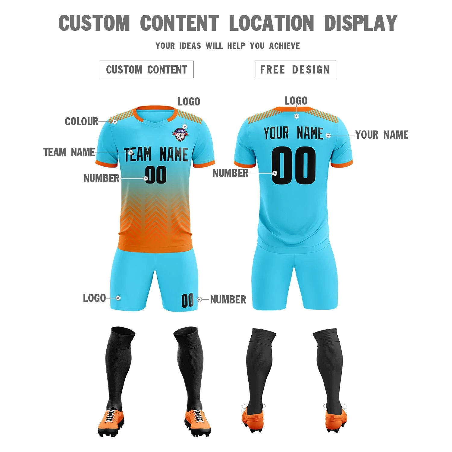 Custom Sky Blue Orange Printing Sportswear Soccer Sets Jersey