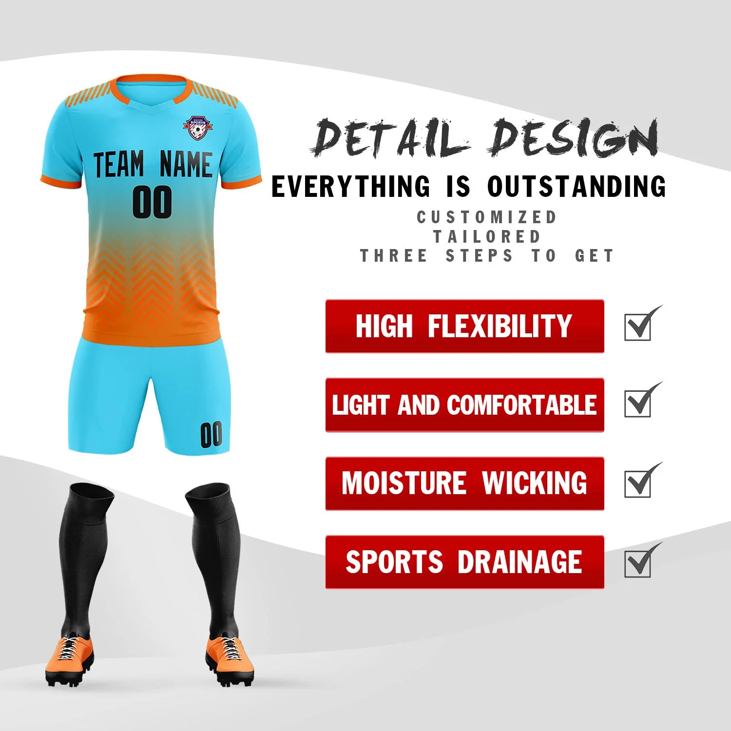 Custom Sky Blue Orange Printing Sportswear Soccer Sets Jersey
