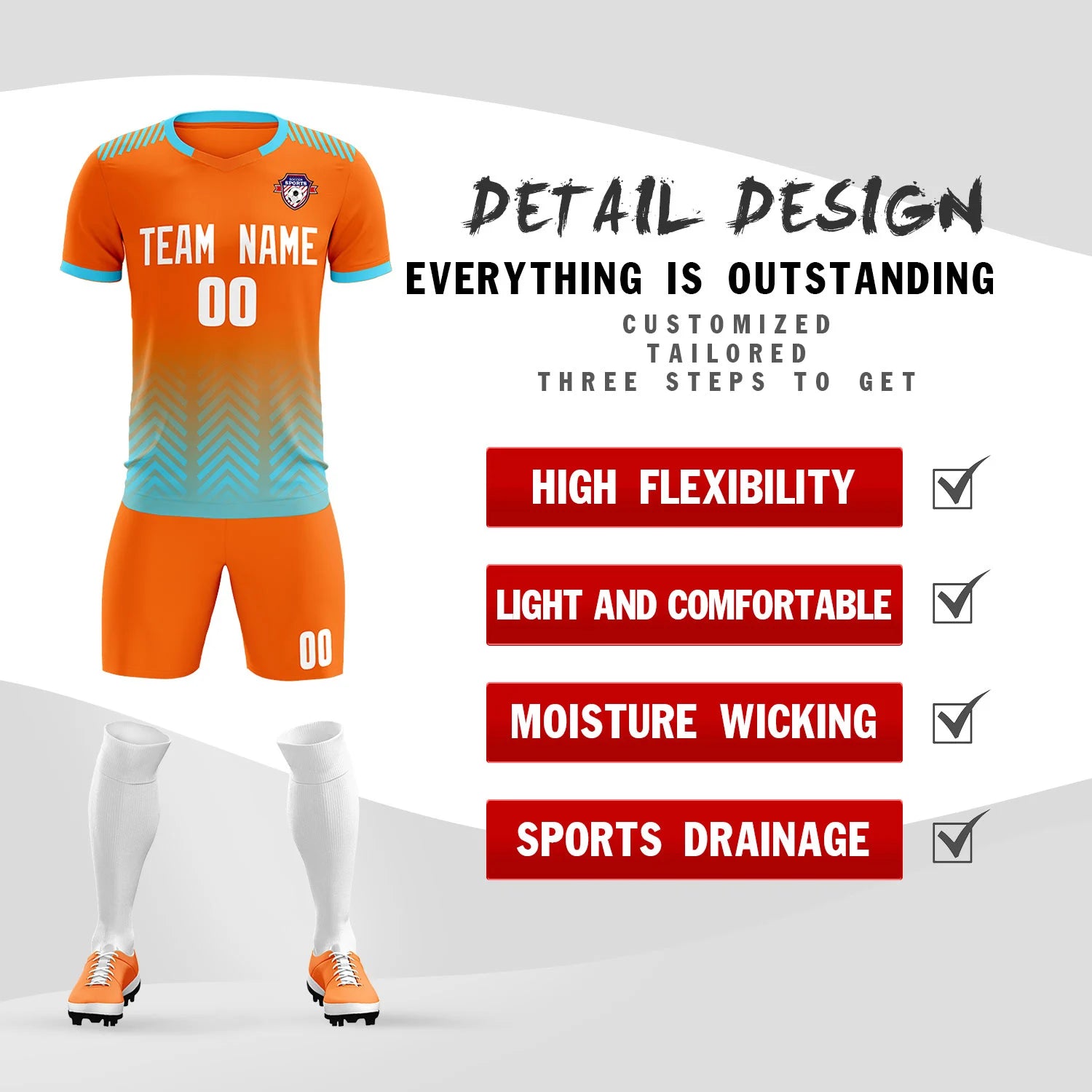 Custom Orange Sky Blue Printing Sportswear Soccer Sets Jersey