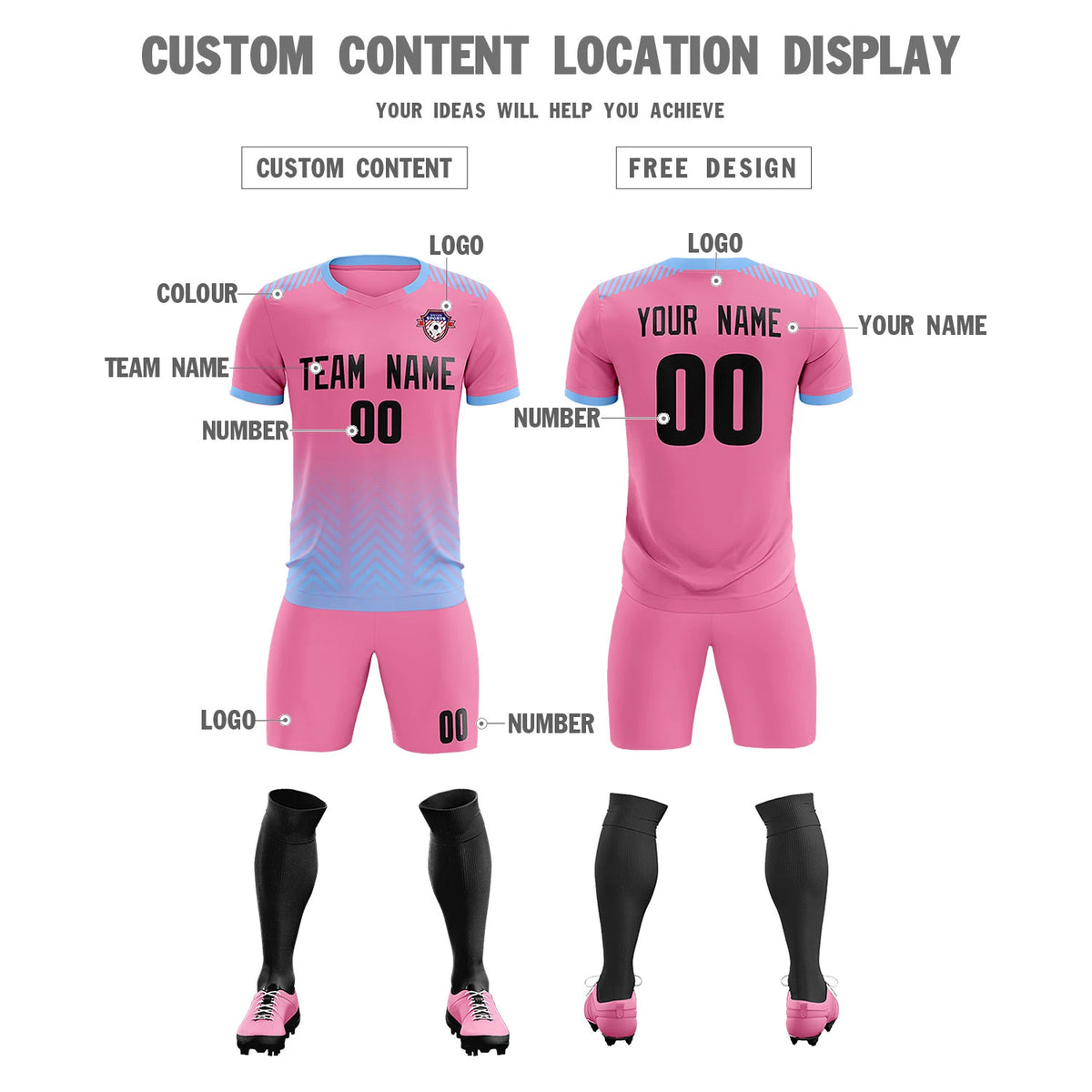 Custom Pink Light Blue Printing Sportswear Soccer Sets Jersey