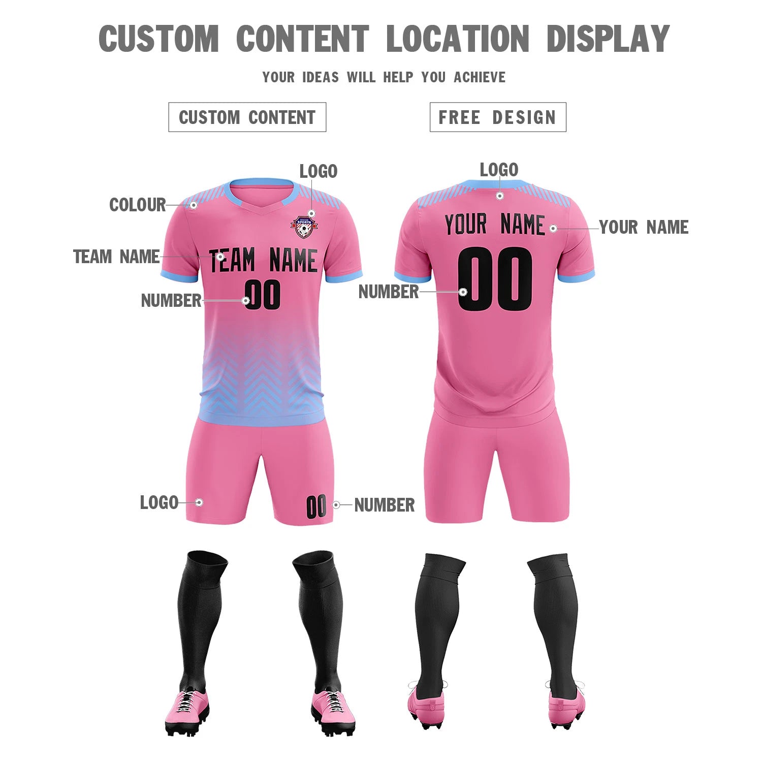 Custom Pink Light Blue Printing Sportswear Soccer Sets Jersey