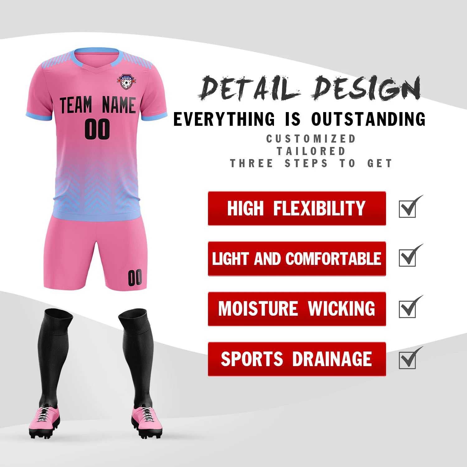 Custom Pink Light Blue Printing Sportswear Soccer Sets Jersey