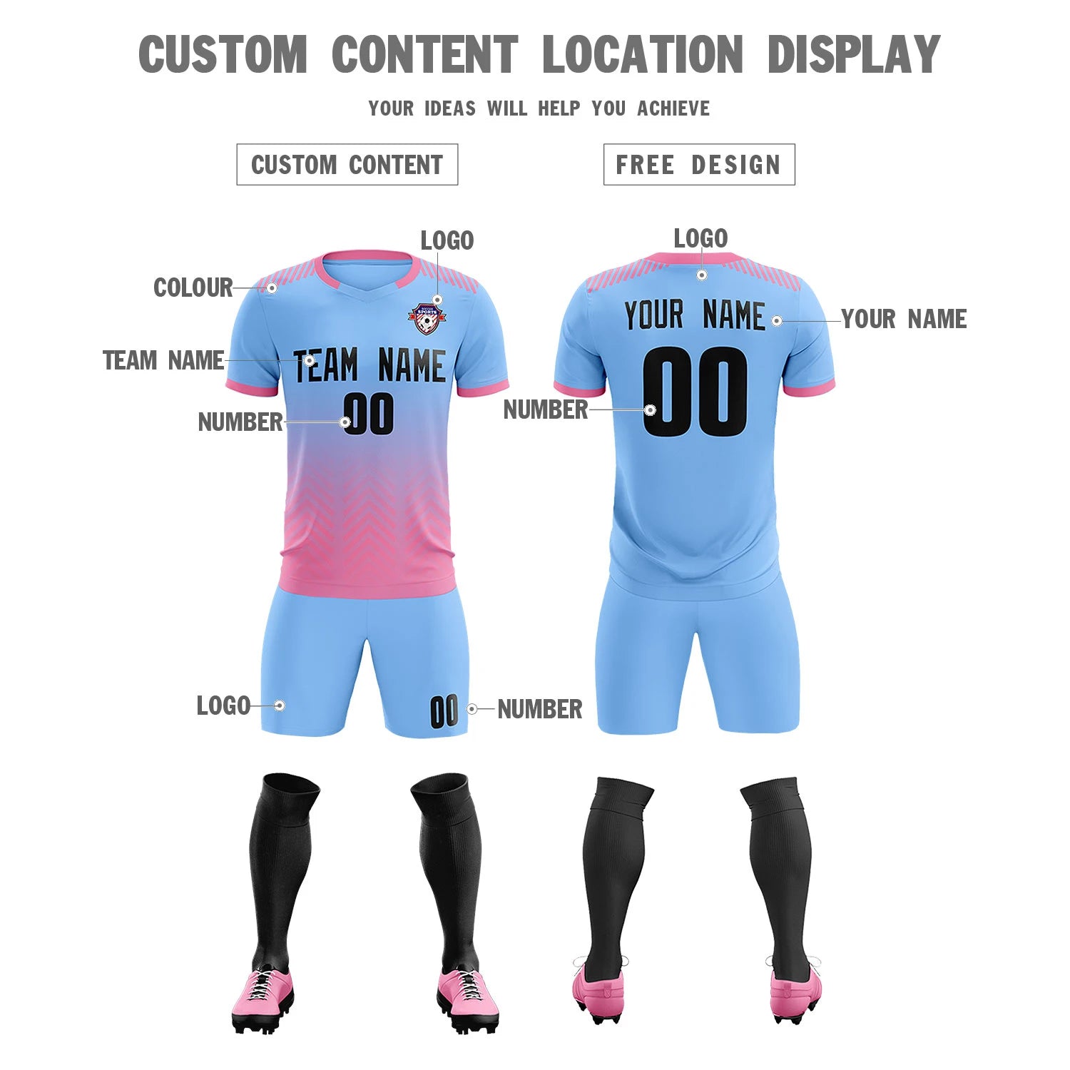 Custom Light Blue Pink Printing Sportswear Soccer Sets Jersey