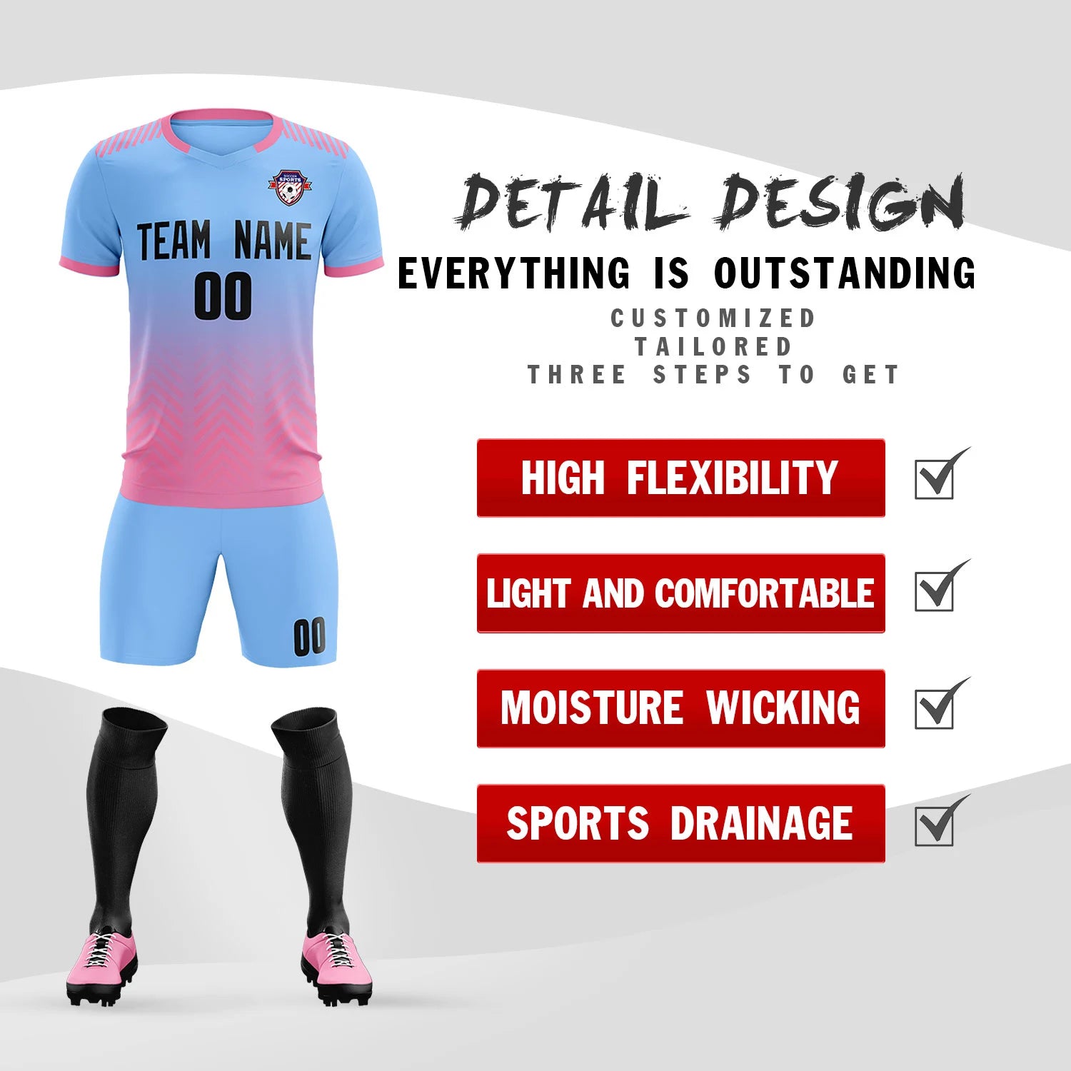 Custom Light Blue Pink Printing Sportswear Soccer Sets Jersey