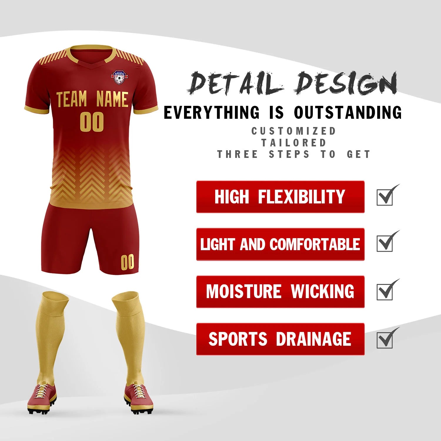 Custom Crimson Khaki Printing Sportswear Soccer Sets Jersey