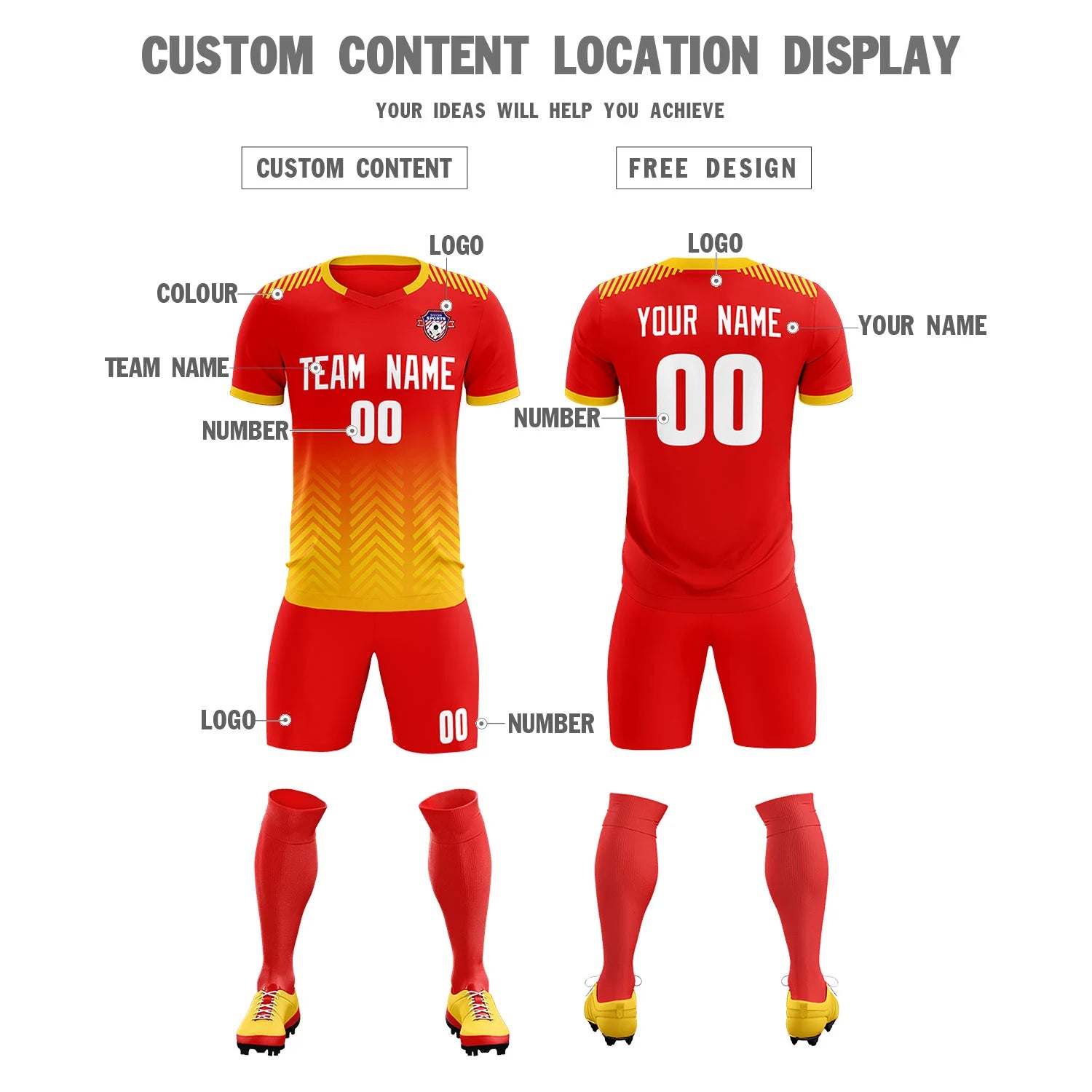 Custom Red Gold01 Printing Sportswear Soccer Sets Jersey