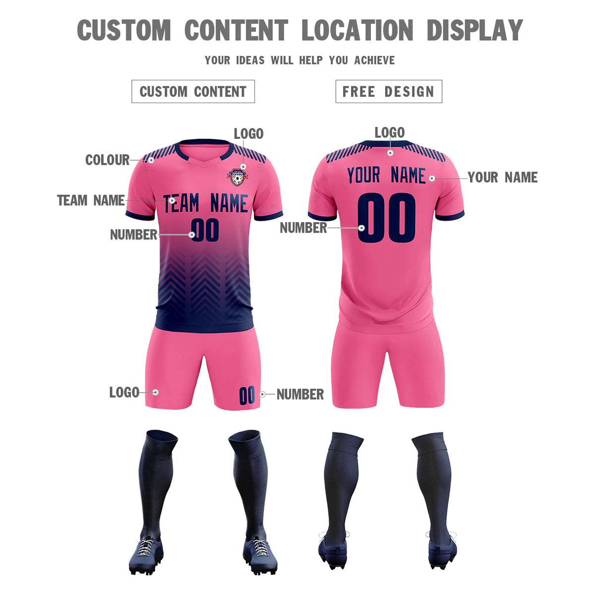 Custom Pink Navy Printing Sportswear Soccer Sets Jersey