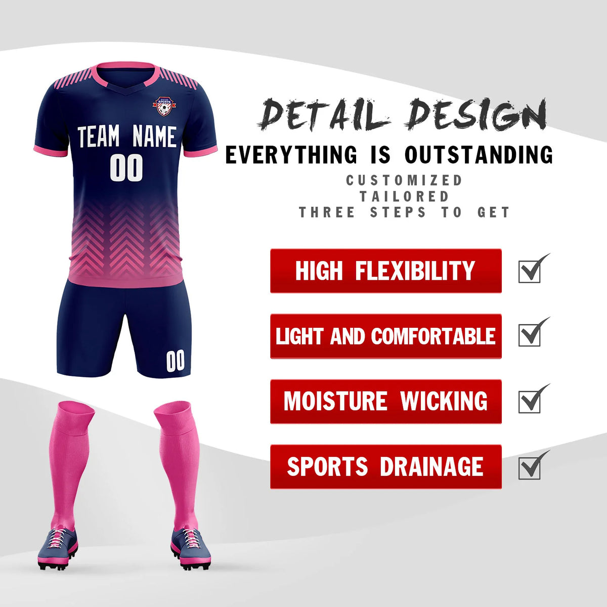 Custom Navy Pink Printing Sportswear Soccer Sets Jersey
