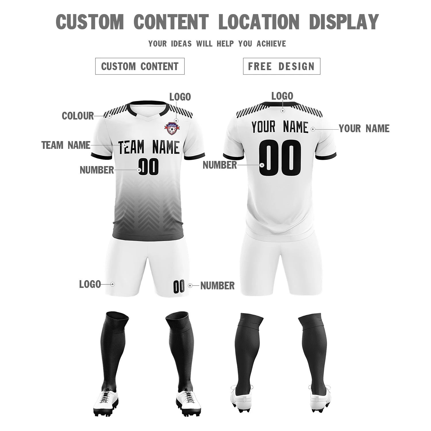 Custom White Black Printing Sportswear Soccer Sets Jersey
