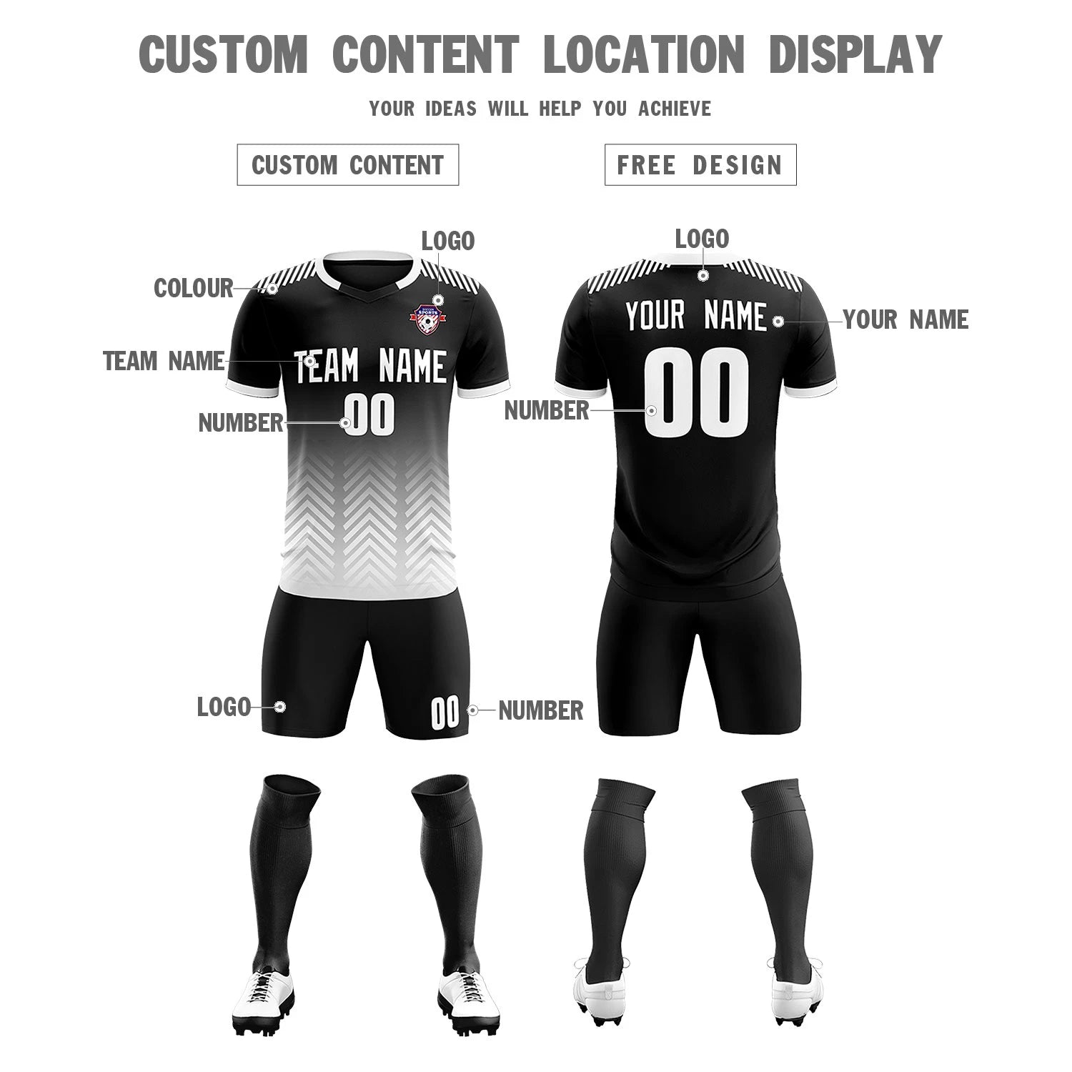 Custom Black White Printing Sportswear Soccer Sets Jersey