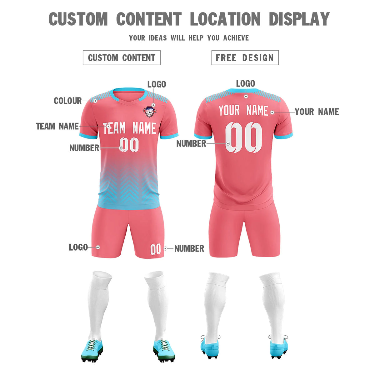 Custom Light Pink Sky Blue Printing Sportswear Soccer Sets Jersey