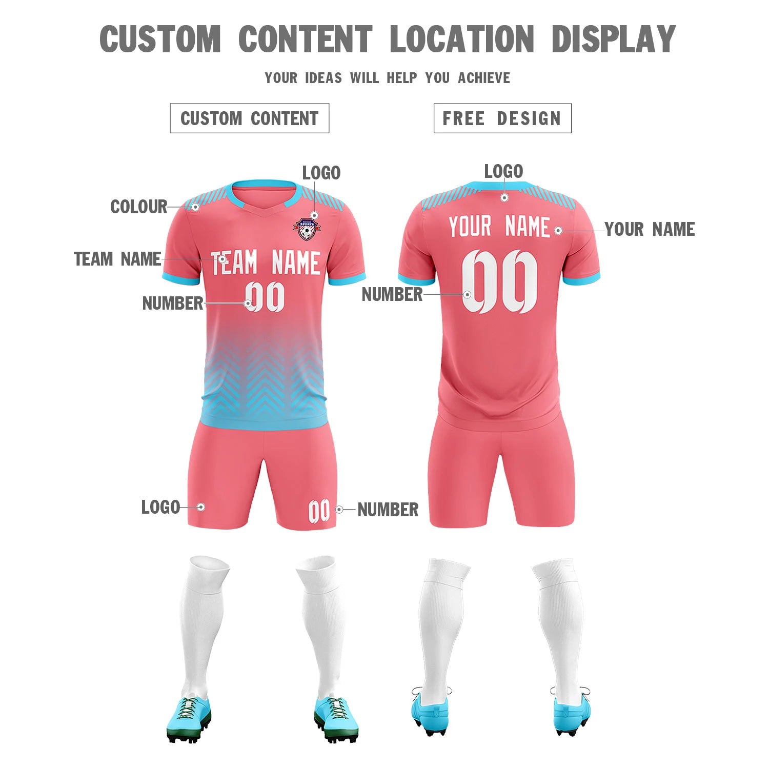 Custom Light Pink Sky Blue Printing Sportswear Soccer Sets Jersey