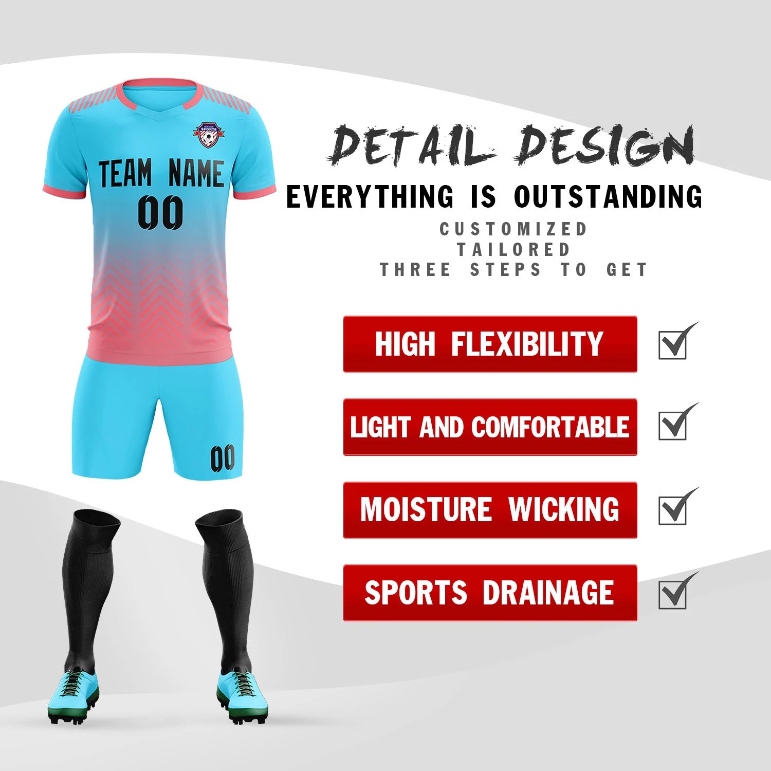 Custom Sky Blue Light Pink Printing Sportswear Soccer Sets Jersey