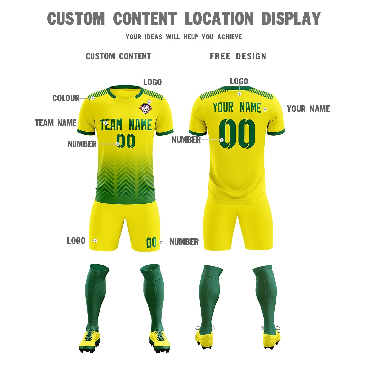 Custom Gold01 Kelly Green Printing Sportswear Soccer Sets Jersey