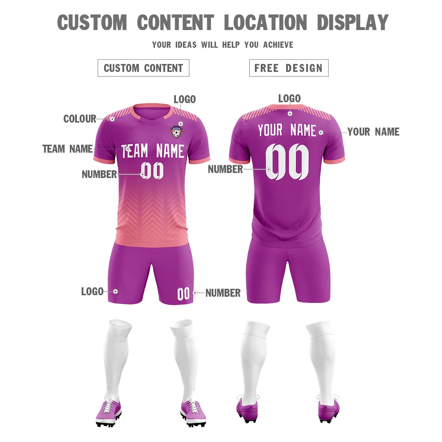Custom Purple Light Pink Printing Sportswear Soccer Sets Jersey