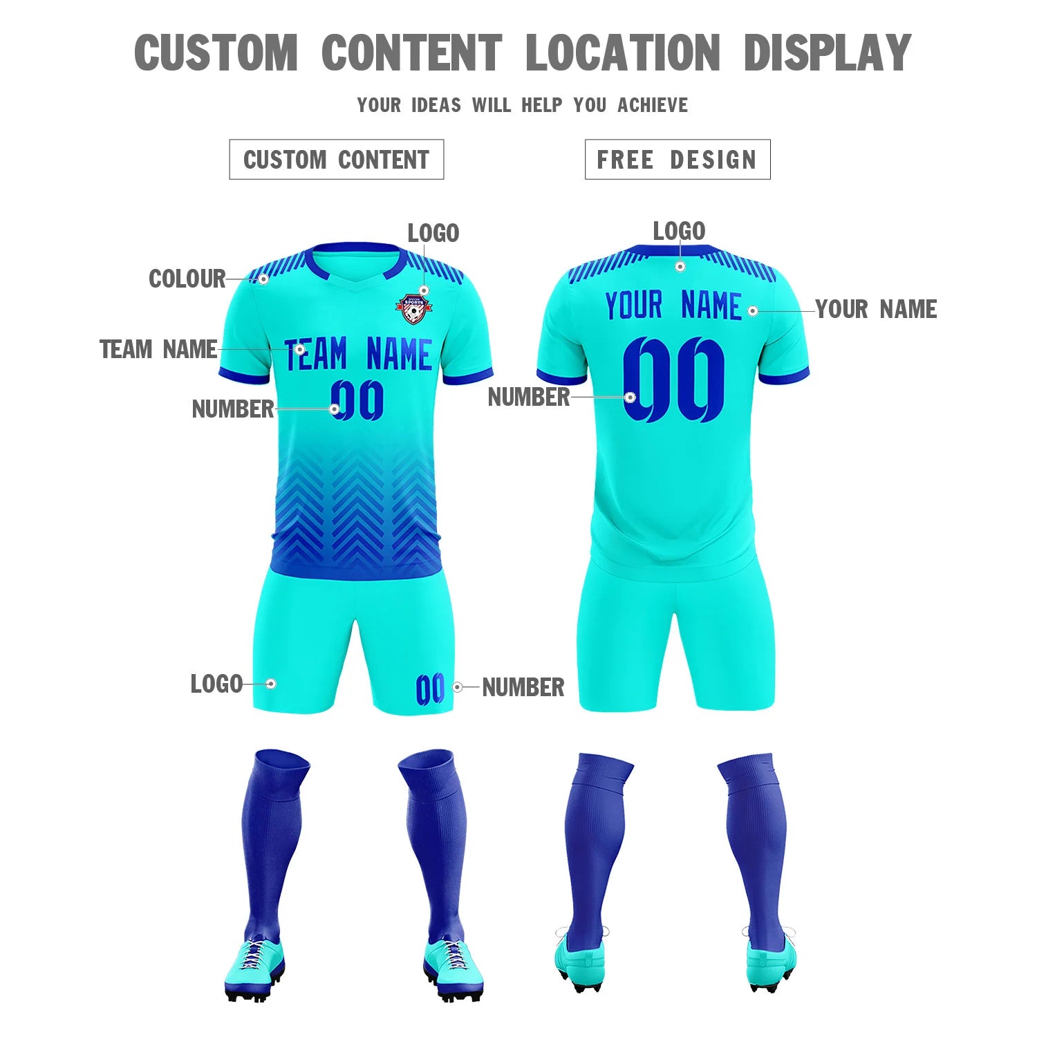 Custom Bright Green Royal Blue Printing Sportswear Soccer Sets Jersey