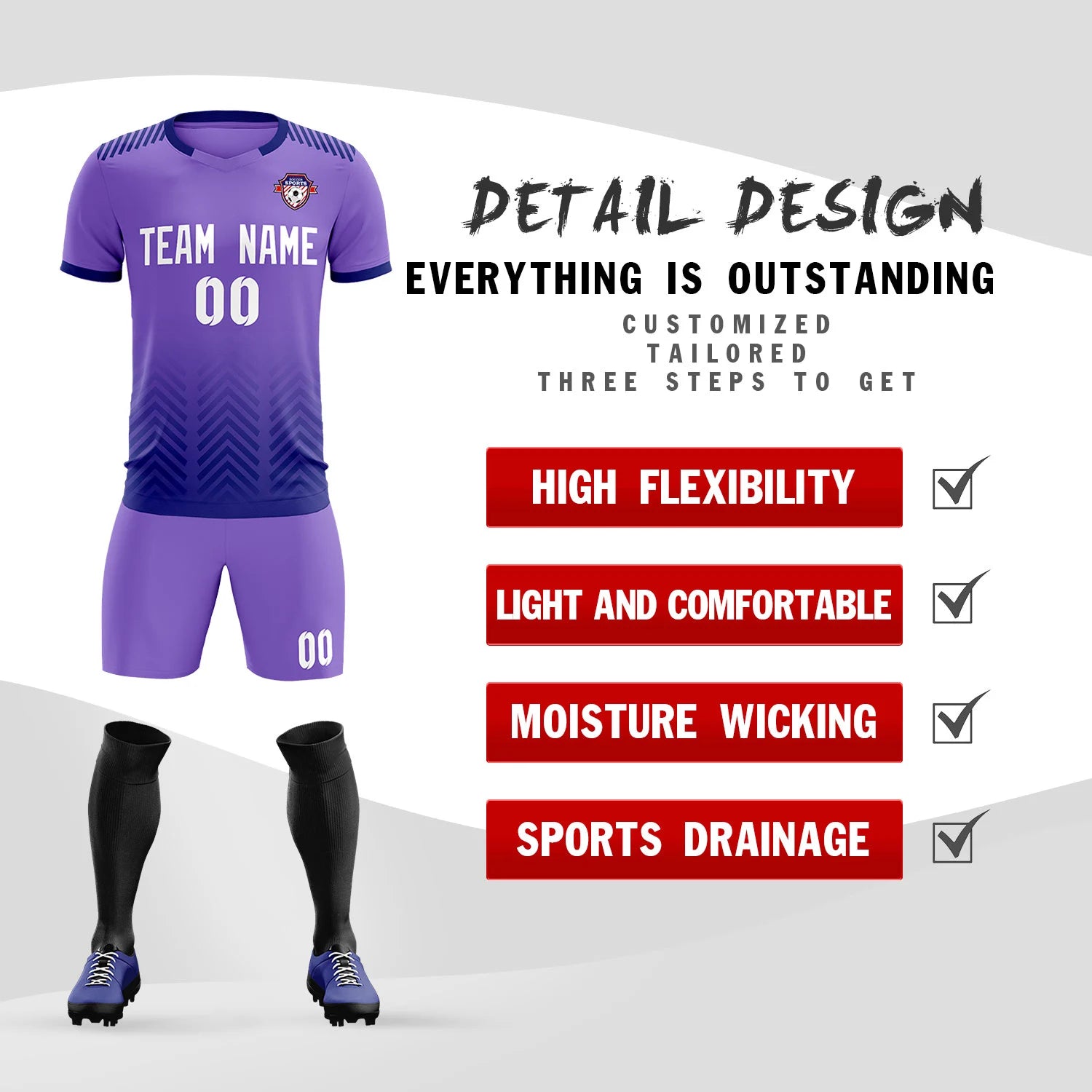 Custom Light Purple Navy Printing Sportswear Soccer Sets Jersey
