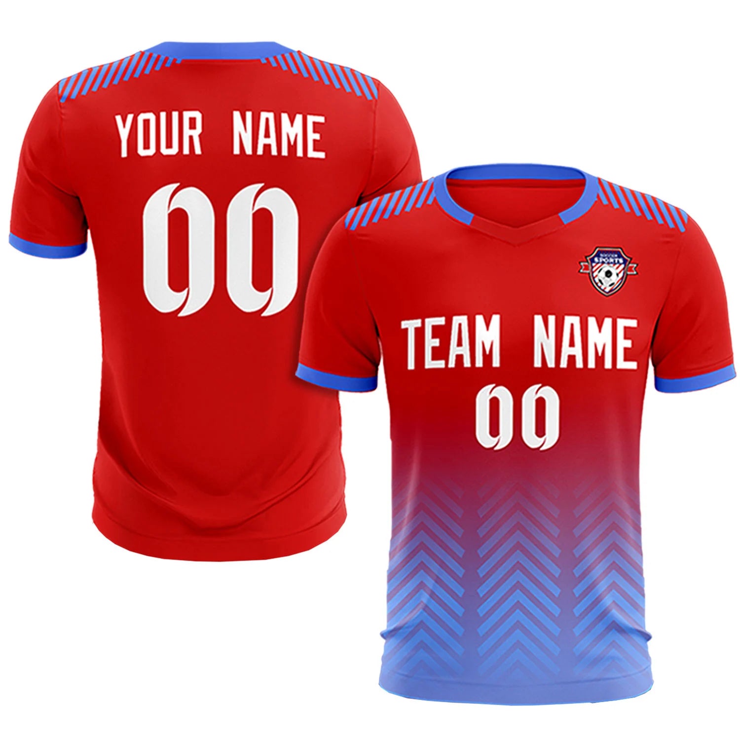 Custom Red Light Blue Printing Sportswear Soccer Sets Jersey