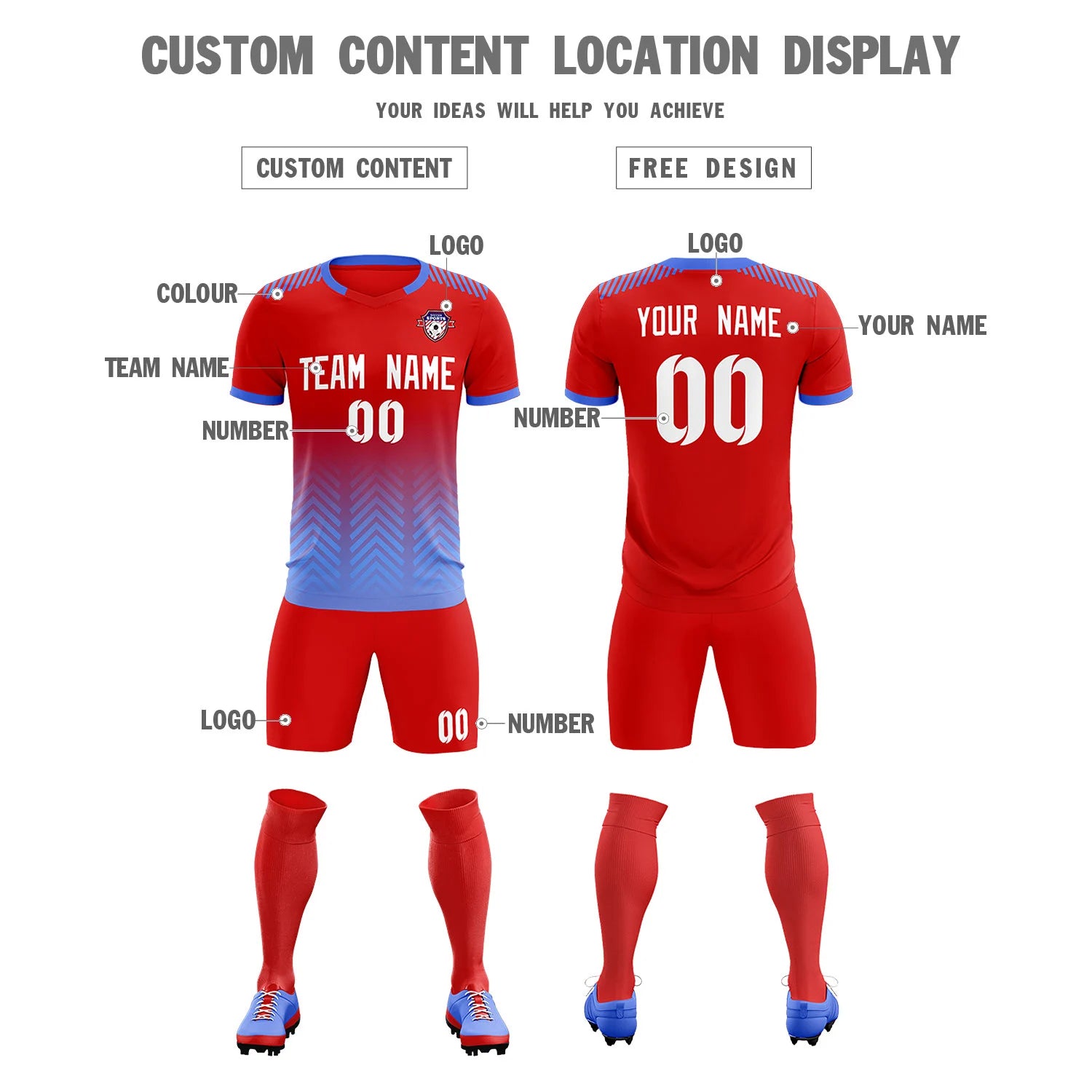 Custom Red Light Blue Printing Sportswear Soccer Sets Jersey