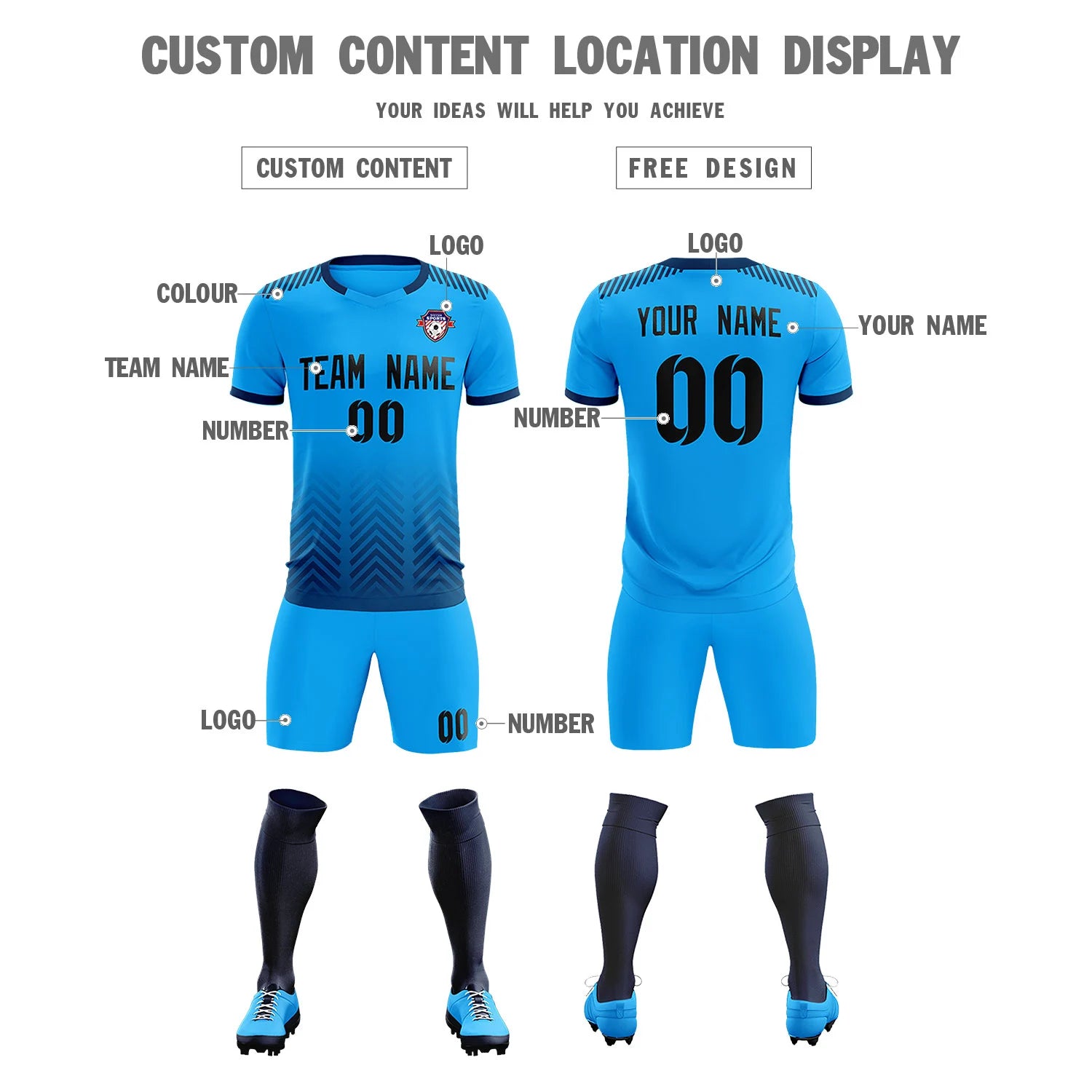 Custom Powder Blue Navy Printing Sportswear Soccer Sets Jersey