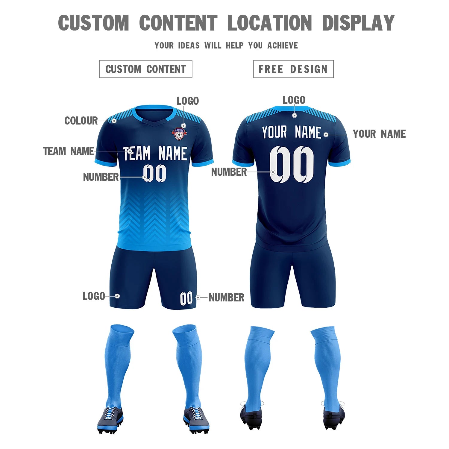 Custom Navy Powder Blue Printing Sportswear Soccer Sets Jersey
