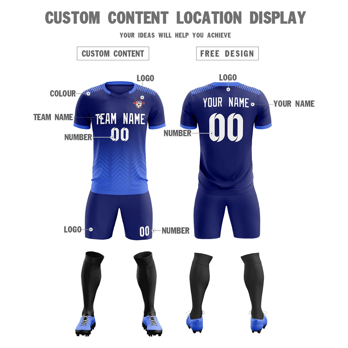 Custom Navy Light Blue Printing Sportswear Soccer Sets Jersey