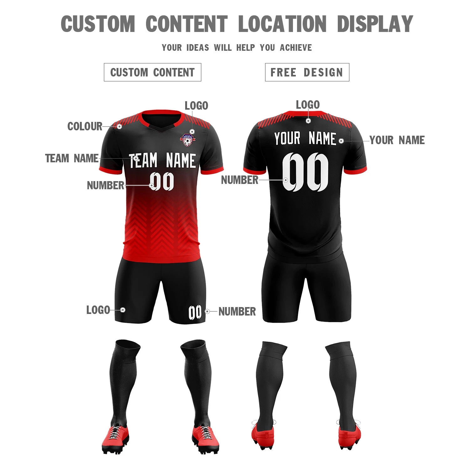 Custom Black Red Printing Sportswear Soccer Sets Jersey