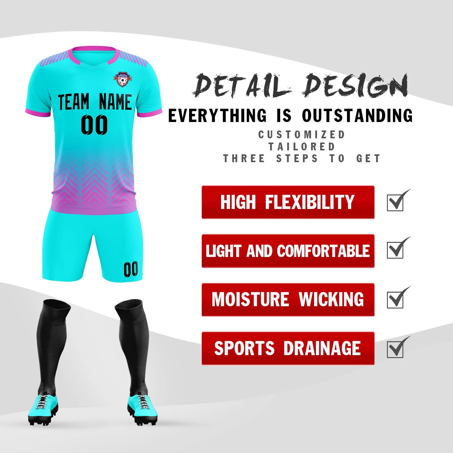 Custom Sky Blue Pink Printing Sportswear Soccer Sets Jersey