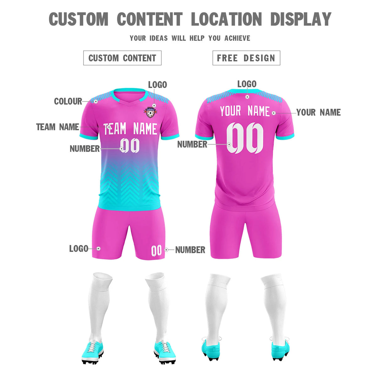 Custom Pink Sky Blue Printing Sportswear Soccer Sets Jersey